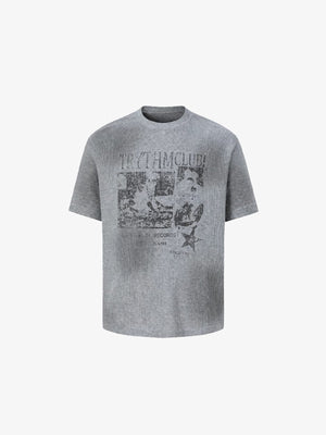 Waffle Knit T Shirt with Photo Collage Print – Grey, front flat | XoKool