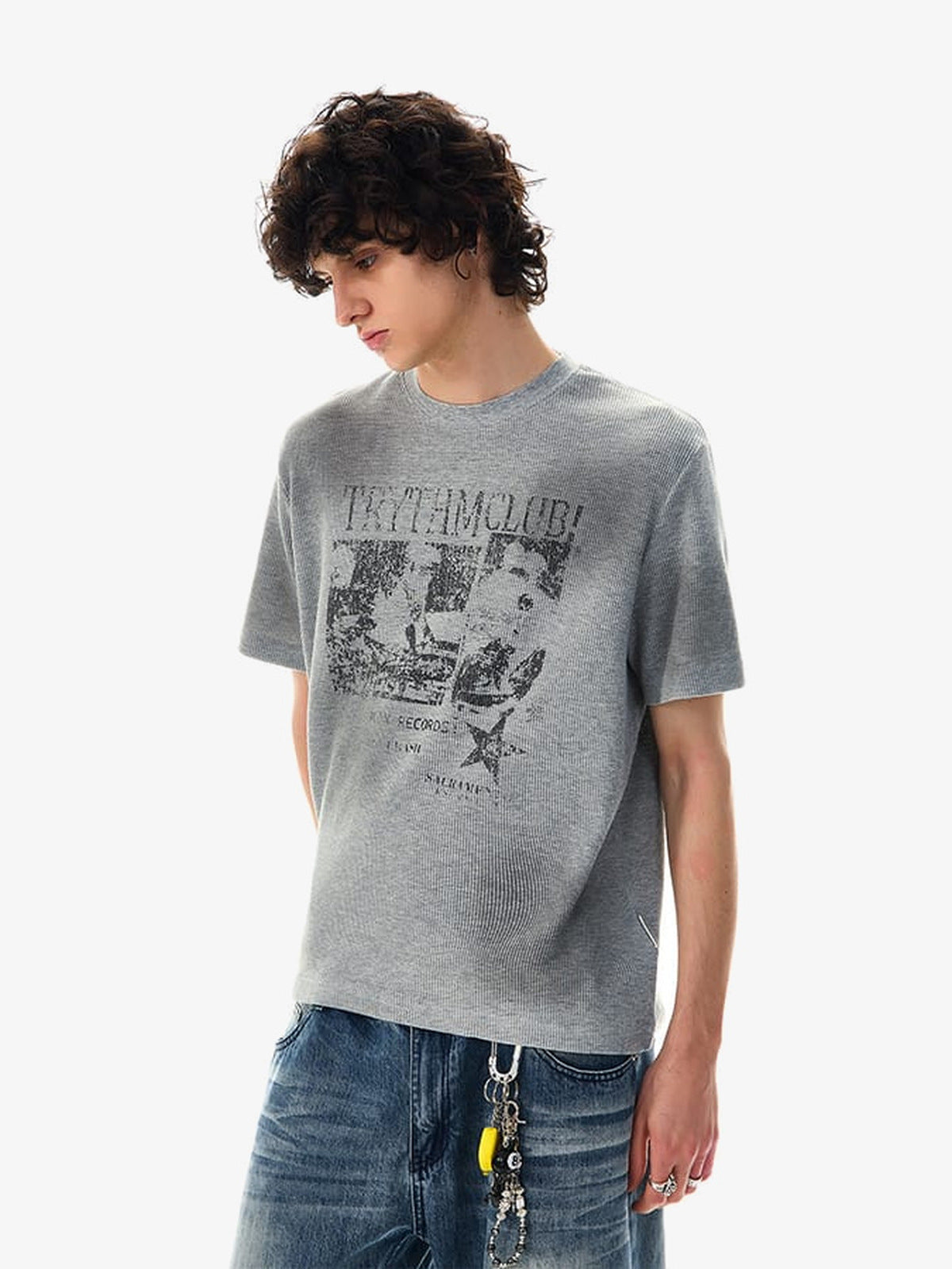 Waffle Knit T Shirt with Photo Collage Print – Grey, on model side | XoKool