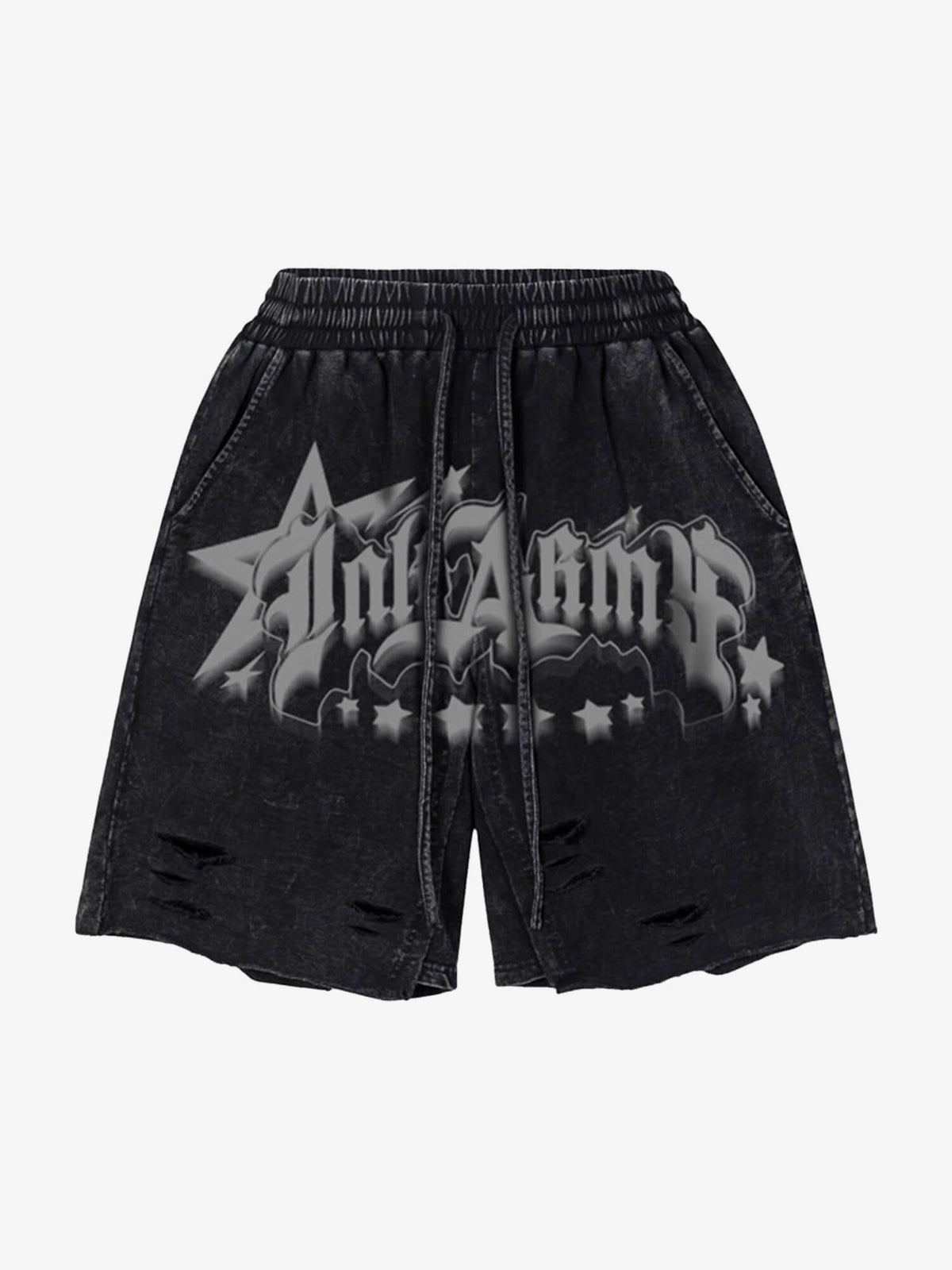 Acid Wash Distressed Sweat Shorts – Washed Black, front flat view | XoKool