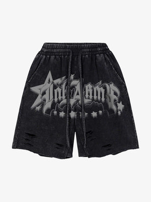 Acid Wash Distressed Sweatshorts – Washed Black, Vorderseite flach | XoKool