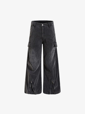Washed Baggy Cargohose mit Reißverschluss am Saum – Schwarz, Vorderseite flach | XoKool