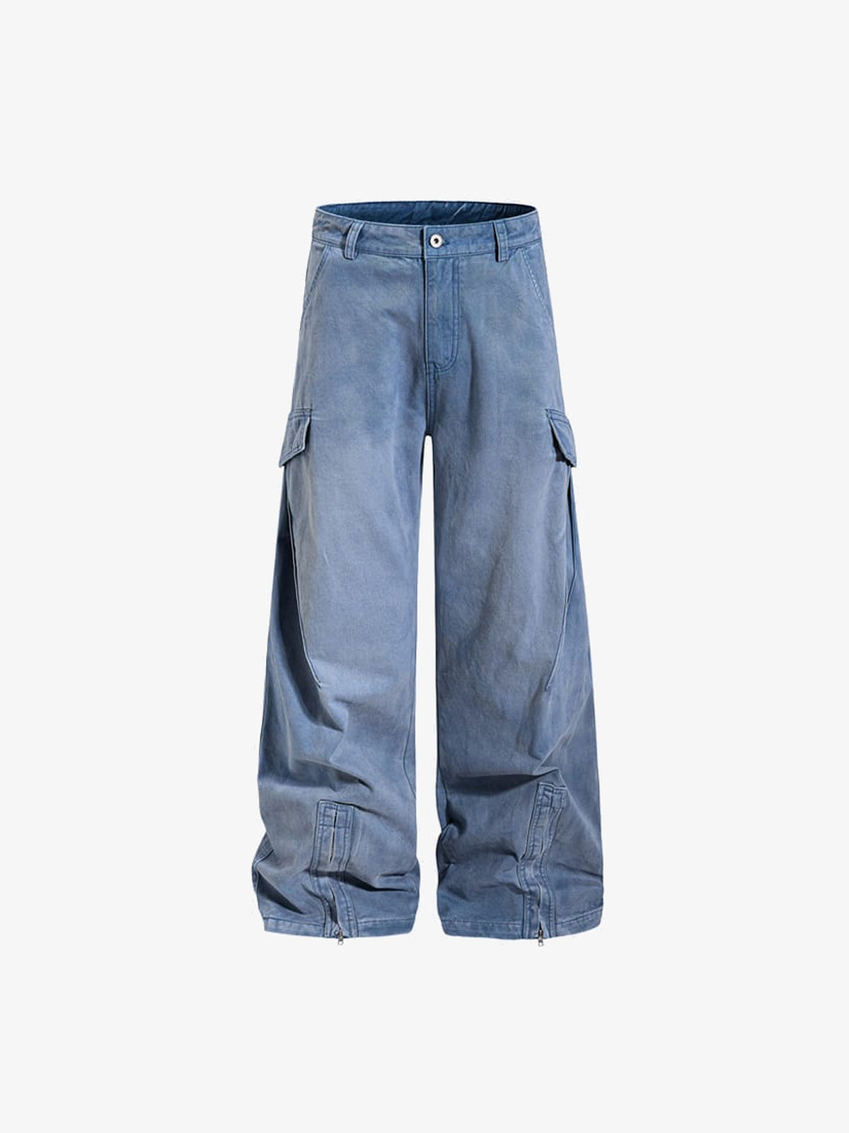 Washed Baggy Cargohose mit Reißverschluss am Saum – Hellblau, Vorderseite flach | XoKool