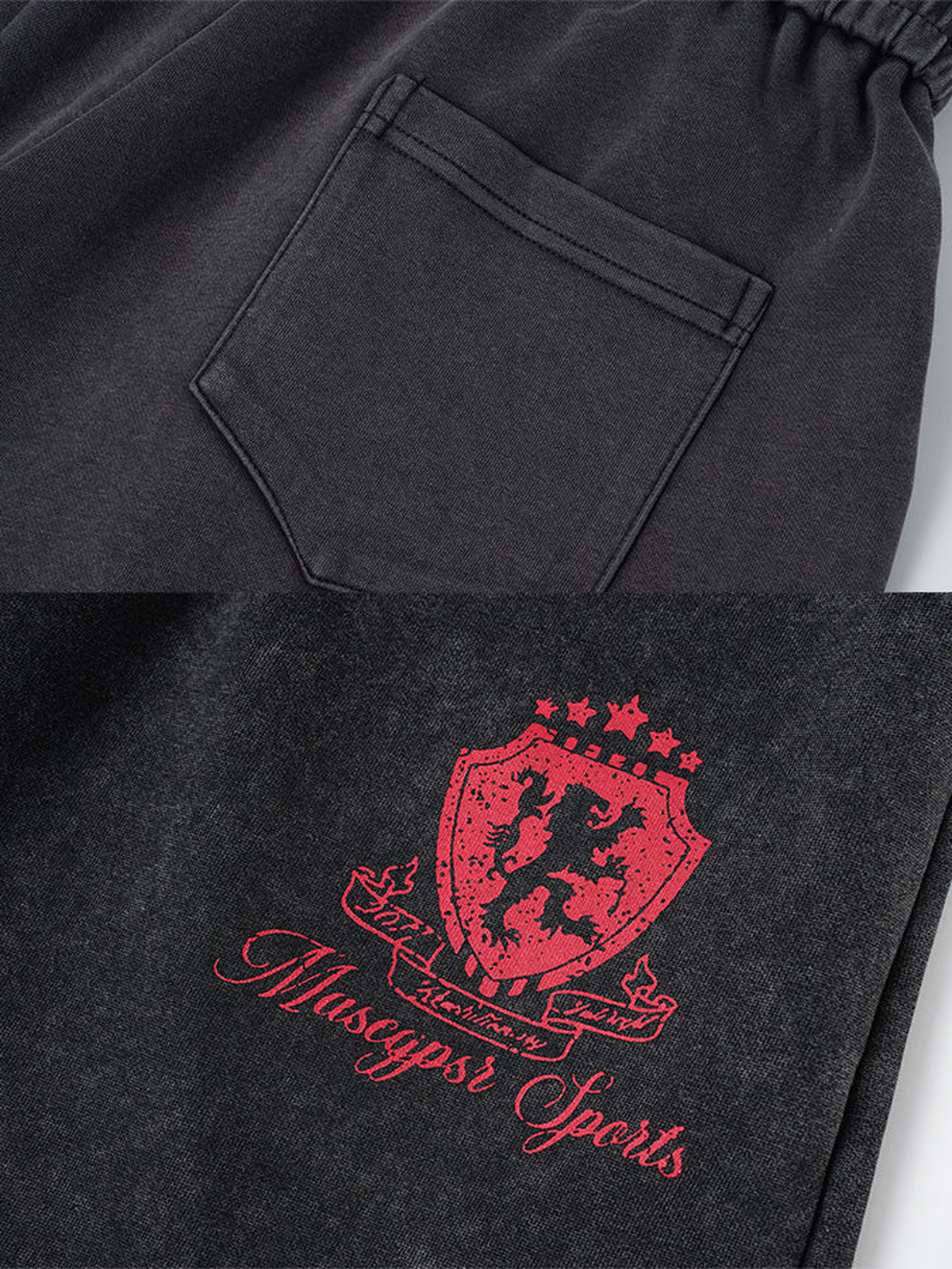 Number print sweatpants – Back pocket and crest print close-up | XoKool