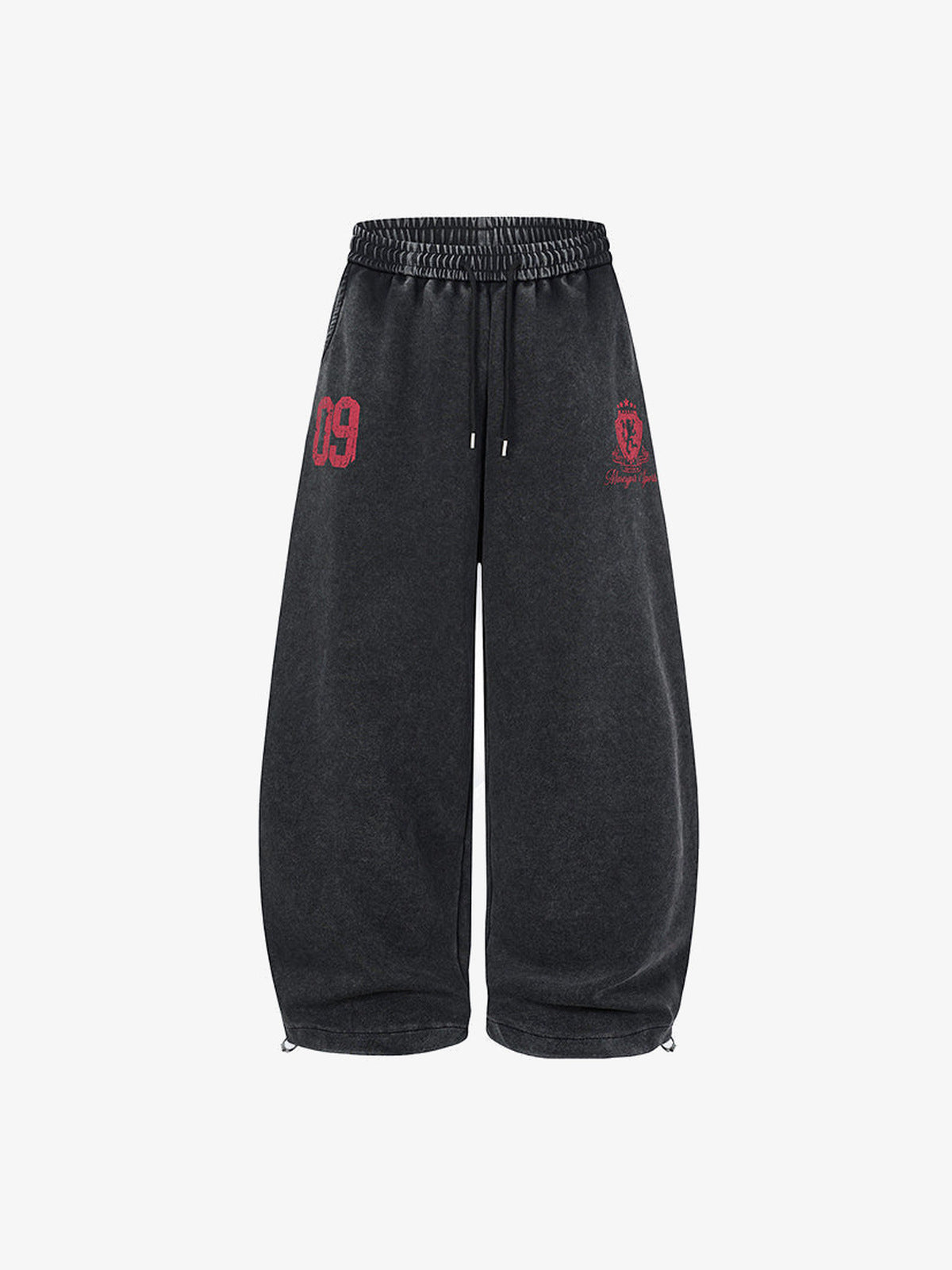 Washed Barrel Leg Sweatpants with Number Print – Black, front flat | XoKool