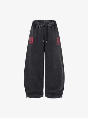 Washed Barrel Leg Sweatpants with Number Print – Black, front flat | XoKool