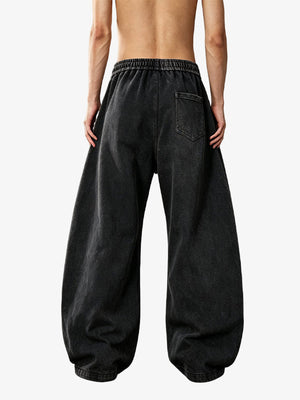 Washed Barrel Leg Sweatpants with Number Print – Black, on model back | XoKool