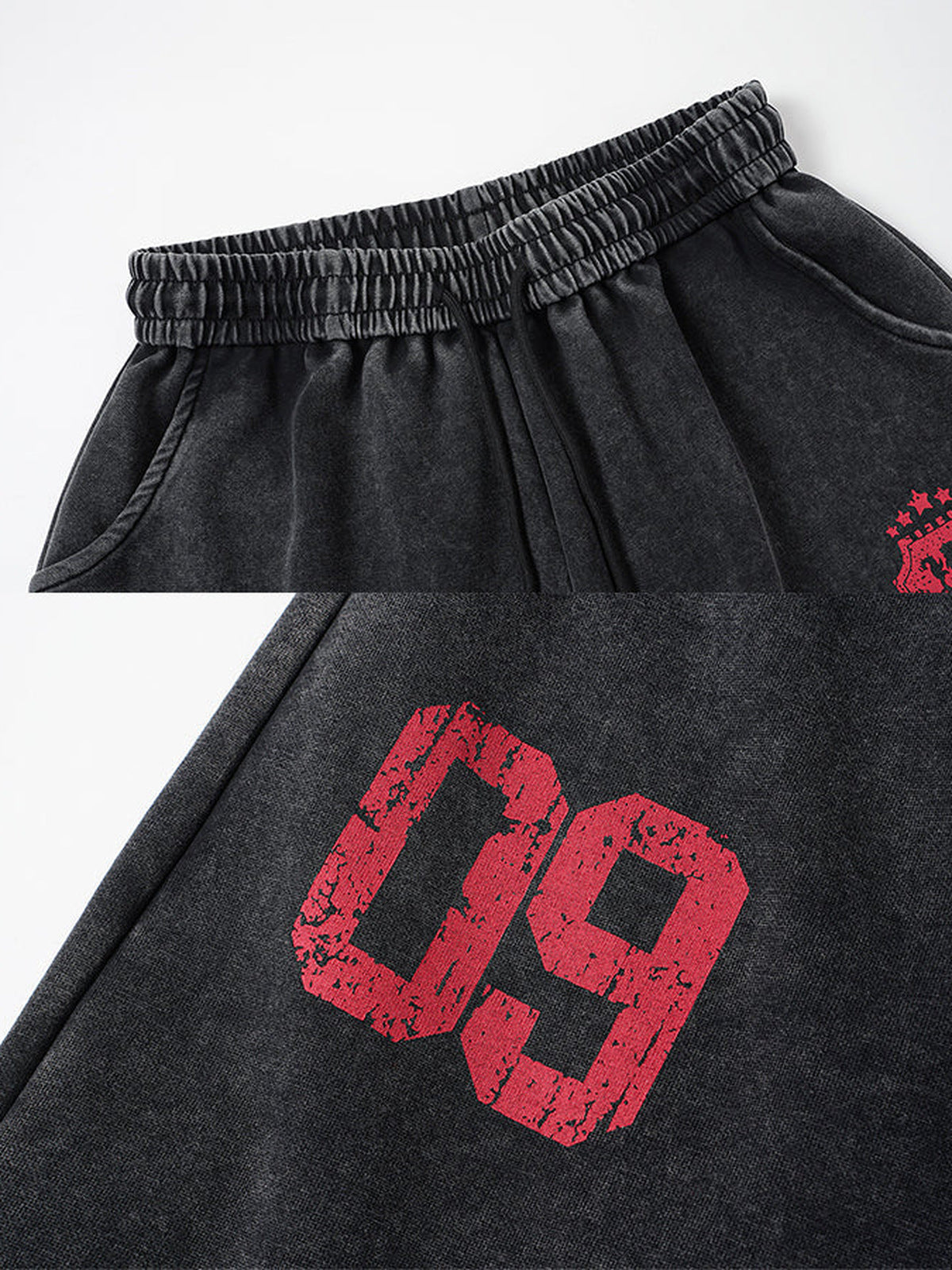 Number print sweatpants – Waistband and number print close-up | XoKool