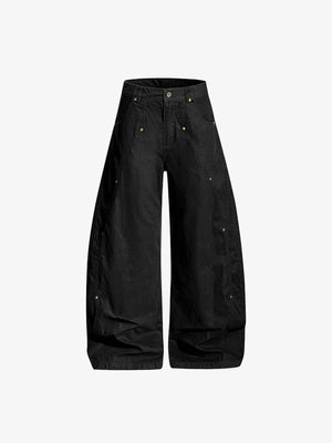 Washed Barrel Hose mit Nieten und geschwungenen Nähten – Schwarz, Vorderansicht | XoKool
