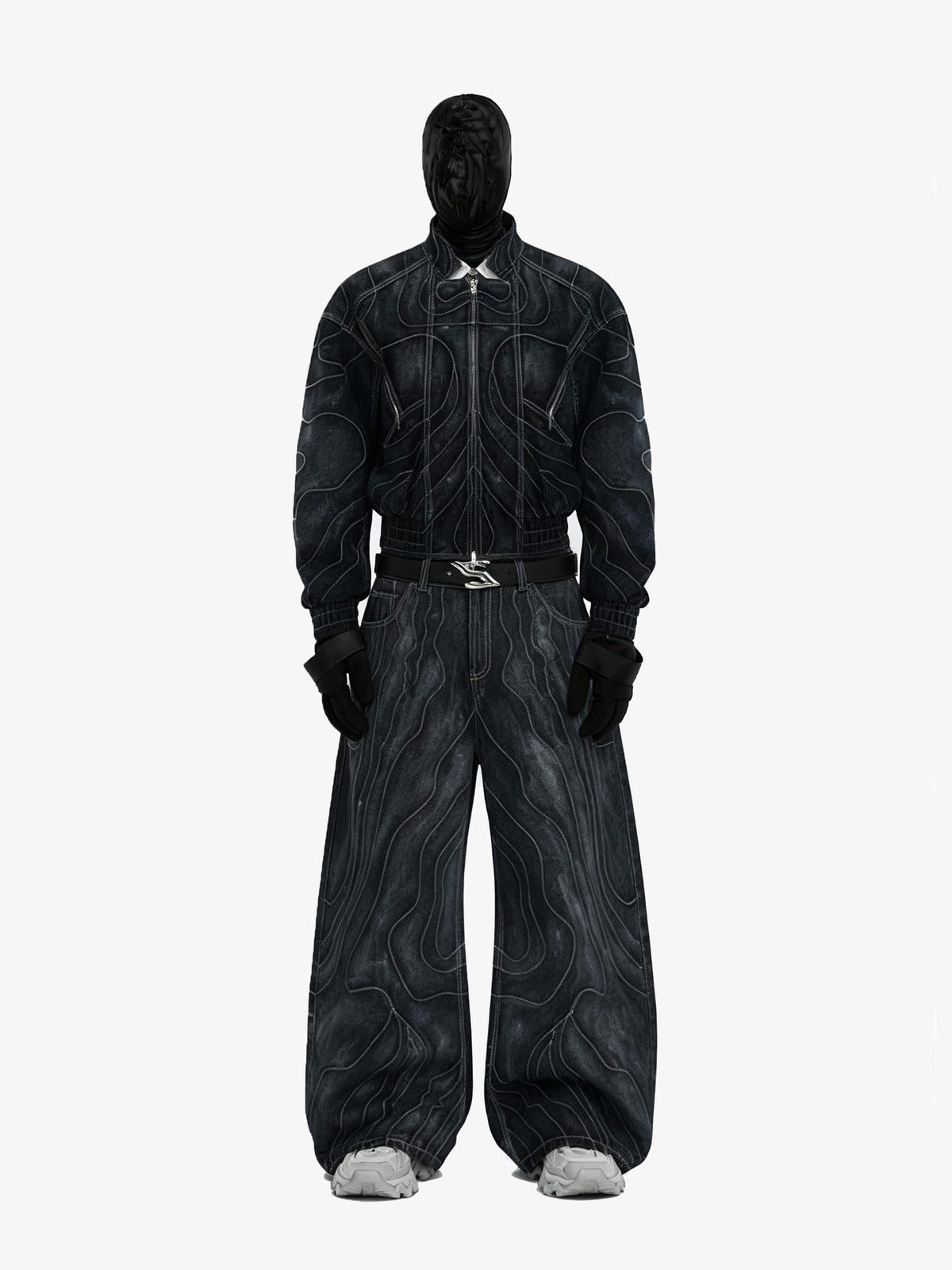 Conjunto de 2 piezas de denim negro lavado con costuras en contraste – conjunto completo en maniquí, frente | XoKool