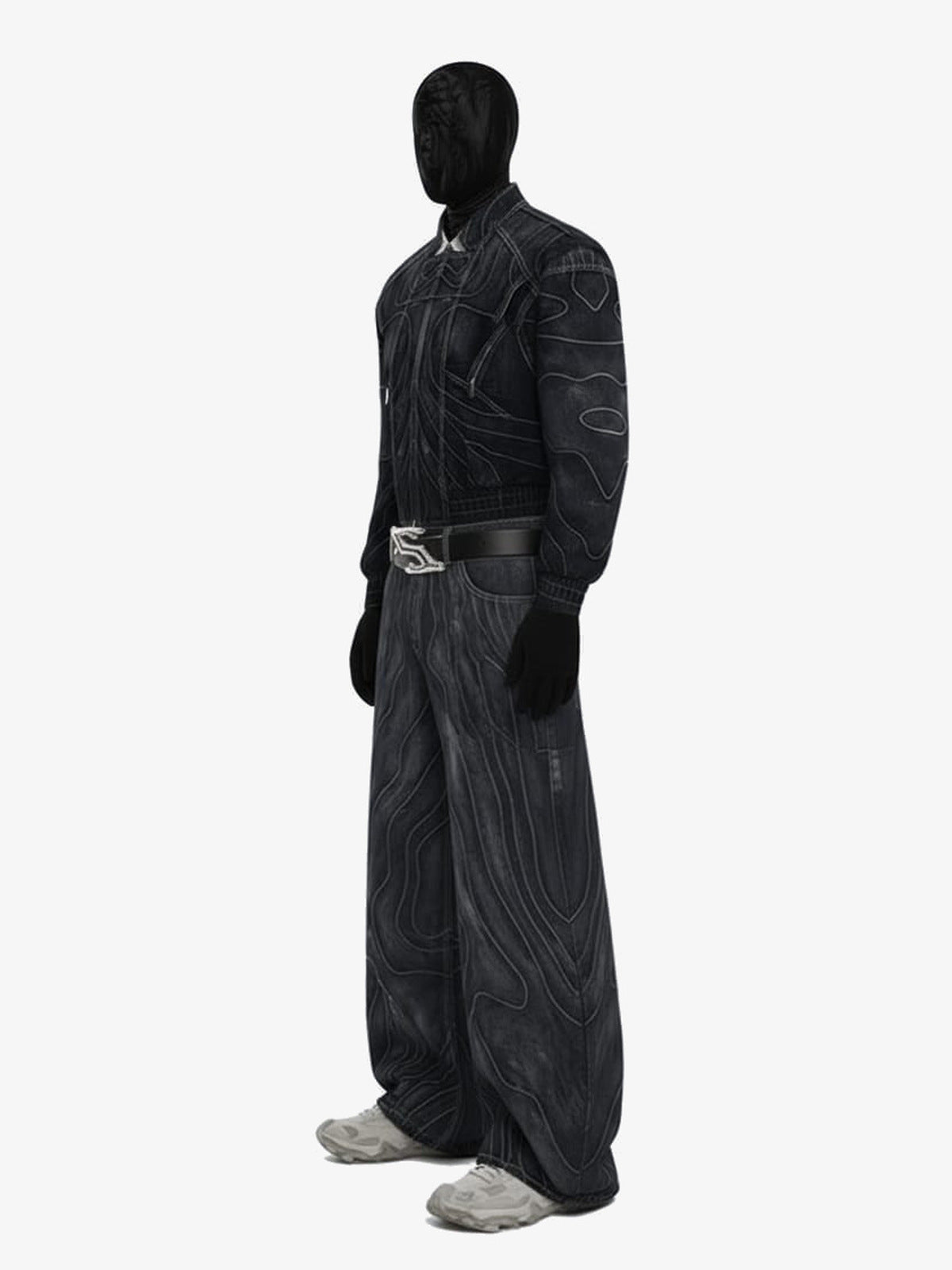 Conjunto de 2 piezas de denim negro lavado con costuras en contraste – conjunto completo, lateral | XoKool
