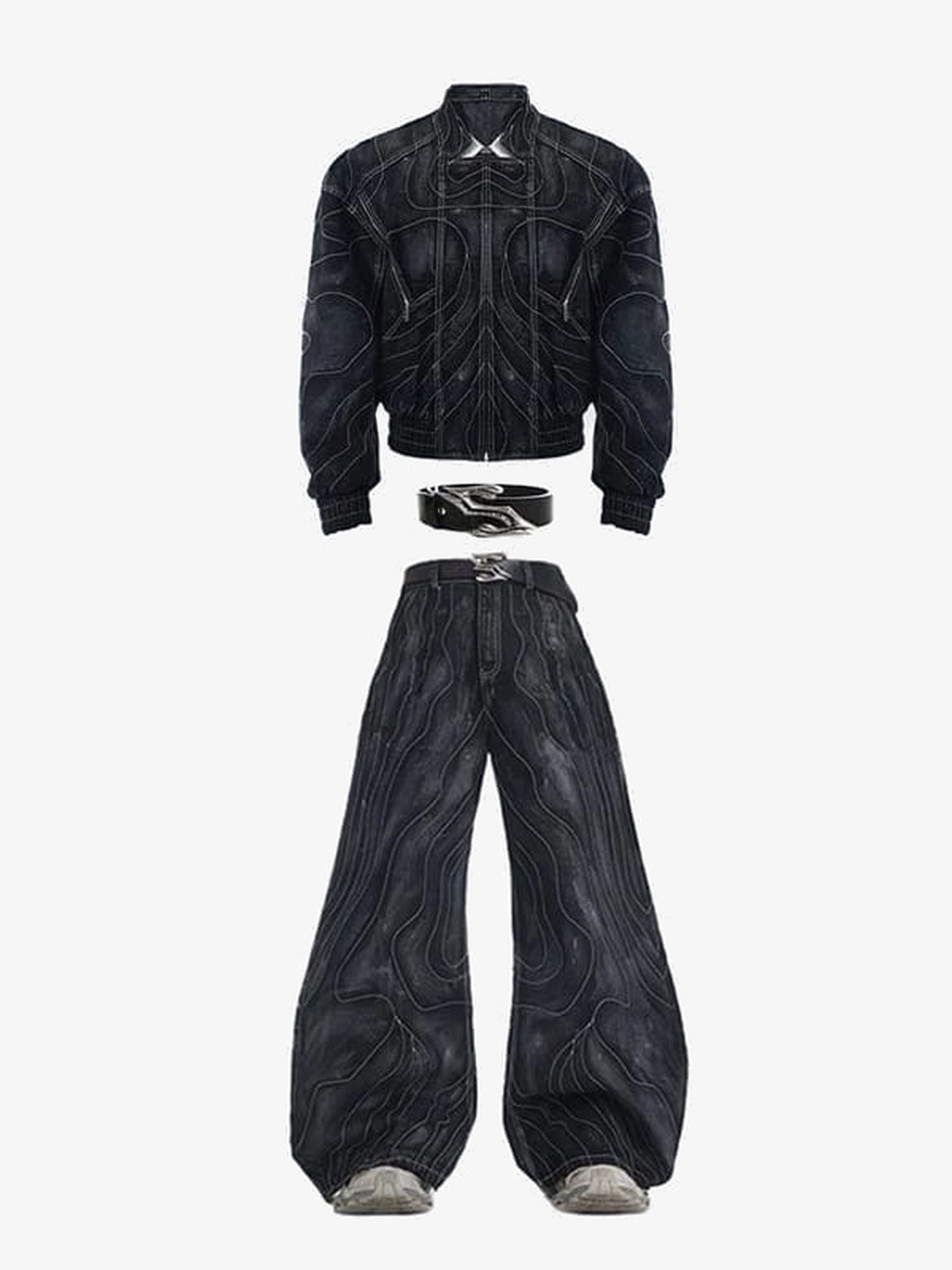 Conjunto de 2 piezas de denim negro lavado con costuras en contraste – conjunto plano con cinturón | XoKool