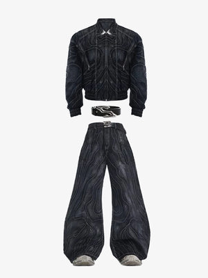 Conjunto de 2 piezas de denim negro lavado con costuras en contraste – conjunto plano con cinturón | XoKool