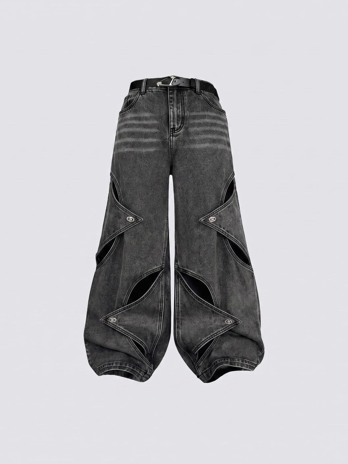 Washed Black Baggy Jeans with Star Cut-Outs – Washed Black, front flat | XoKool