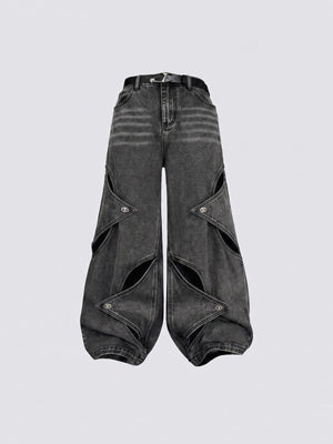 Washed Black Baggy Jeans with Star Cut-Outs – Washed Black, front flat | XoKool