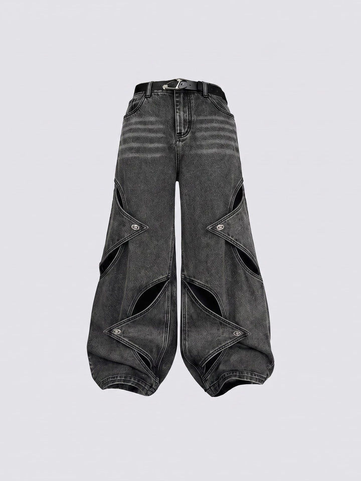 Washed Black Baggy Jeans mit Stern-Cut-Outs