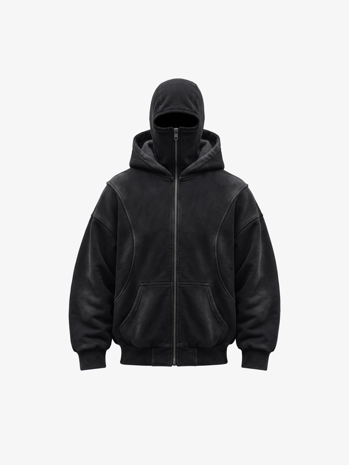 Washed Schwarzer Sturmhauben Zip Hoodie – Schwarz, Vorderansicht, Sturmhaube hochgezogen | XoKool