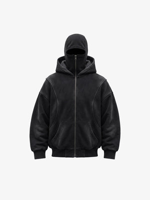 Hoodie con cierre y pasamontañas negro lavado – negro, vista frontal, pasamontañas levantado | XoKool