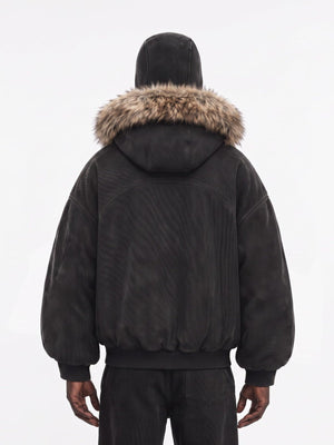 Washed Black Balaclava Jacke mit Kunstfellbesatz – am Model, Rückseite | XoKool