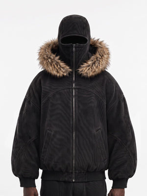 Washed Black Balaclava Jacke mit Kunstfellbesatz – am Model, vorne | XoKool