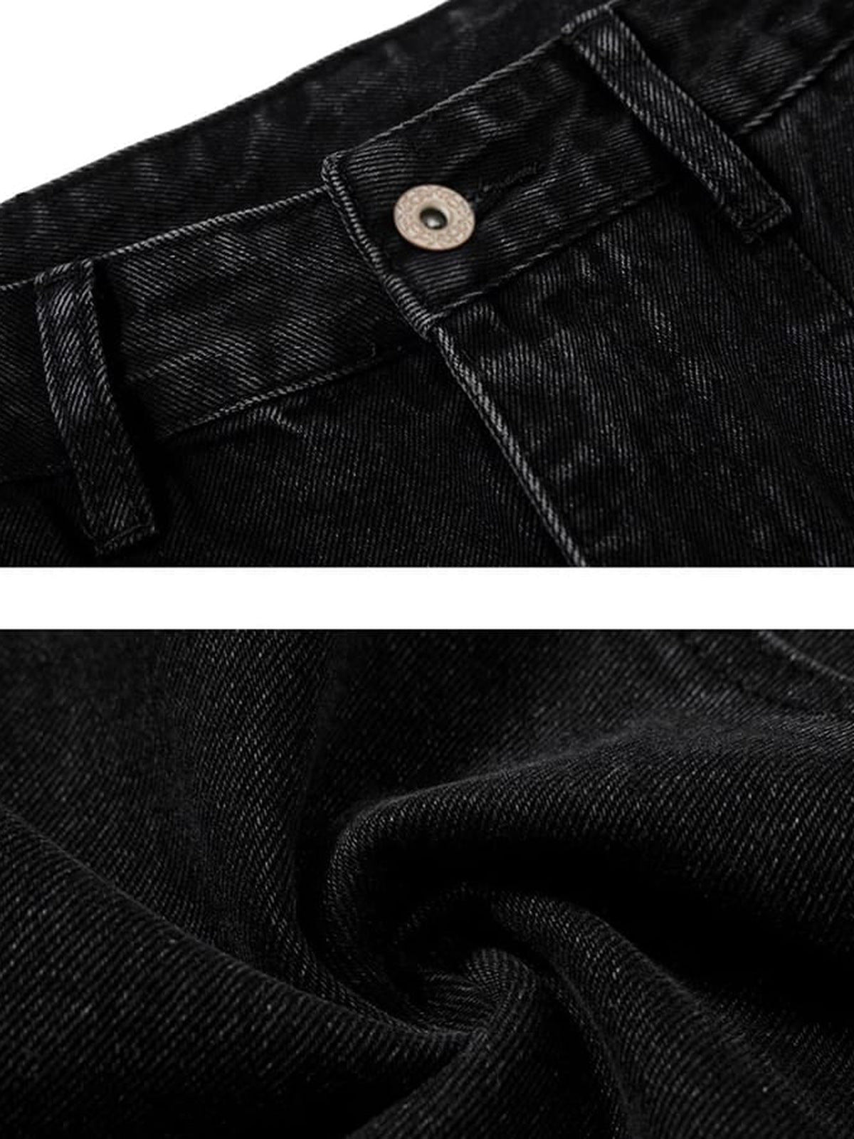 Black barrel jeans – detail collage: button, fabric | XoKool