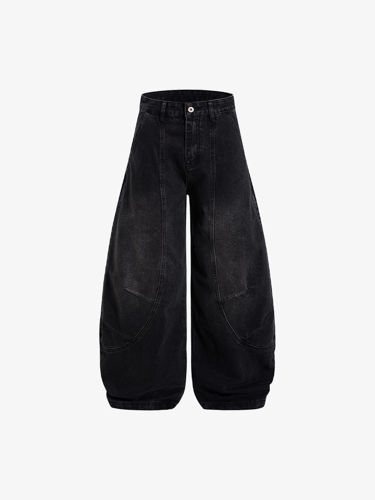 Washed Black Barrel Jeans with Paneled Seams – front flat lay | XoKool