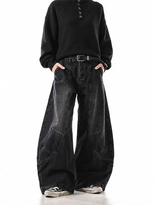 Washed Black Barrel Jeans with Paneled Seams – on model, front | XoKool