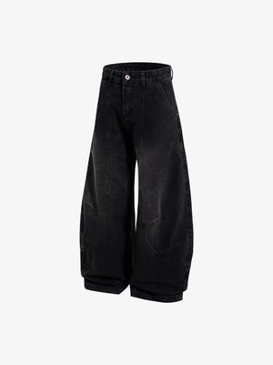 Washed Black Barrel Jeans with Paneled Seams – side flat lay | XoKool