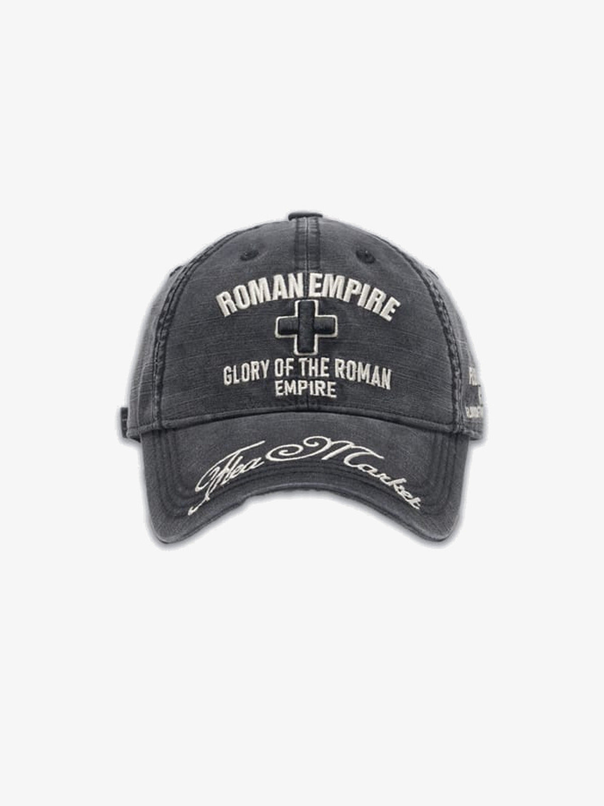 Washed Schwarze Cap mit Kreuz- und Buchstabenstickerei – Vorderansicht | XoKool