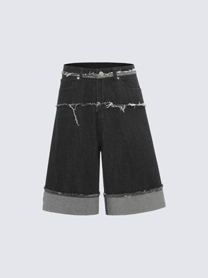 Schwarze Washed Jeansshorts mit Umschlag und Raw Edge – Schwarz, Vorderseite flach | XoKool