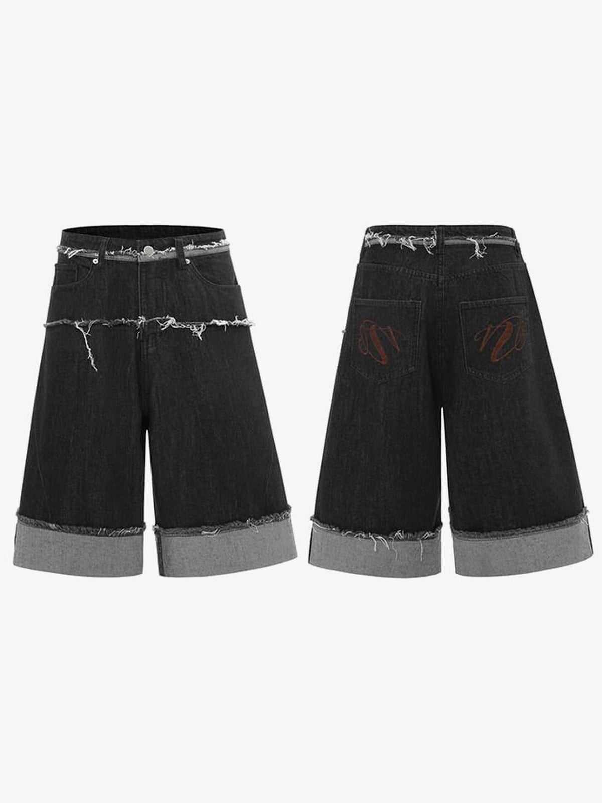 Schwarze Washed Jeansshorts mit Umschlag und Raw Edge – Vorder- und Rückseite flach | XoKool