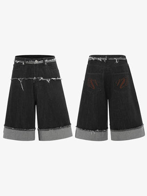 Schwarze Washed Jeansshorts mit Umschlag und Raw Edge – Vorder- und Rückseite flach | XoKool