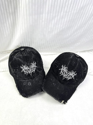 Washed Black Distressed Cap with Gothic Embroidery – two caps, front view | XoKool