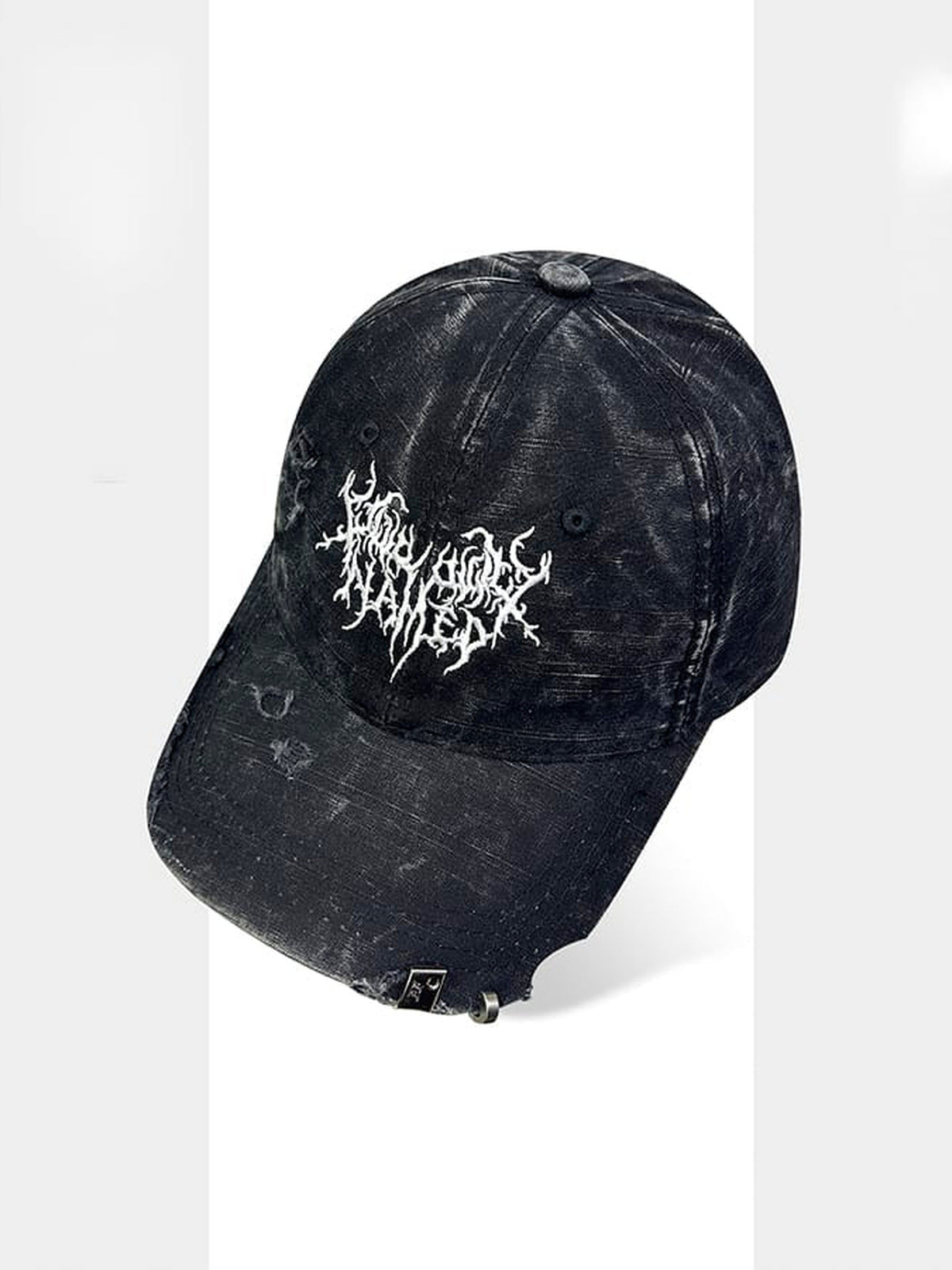 Washed Black Distressed Cap with Gothic Embroidery – Washed Black, front close | XoKool