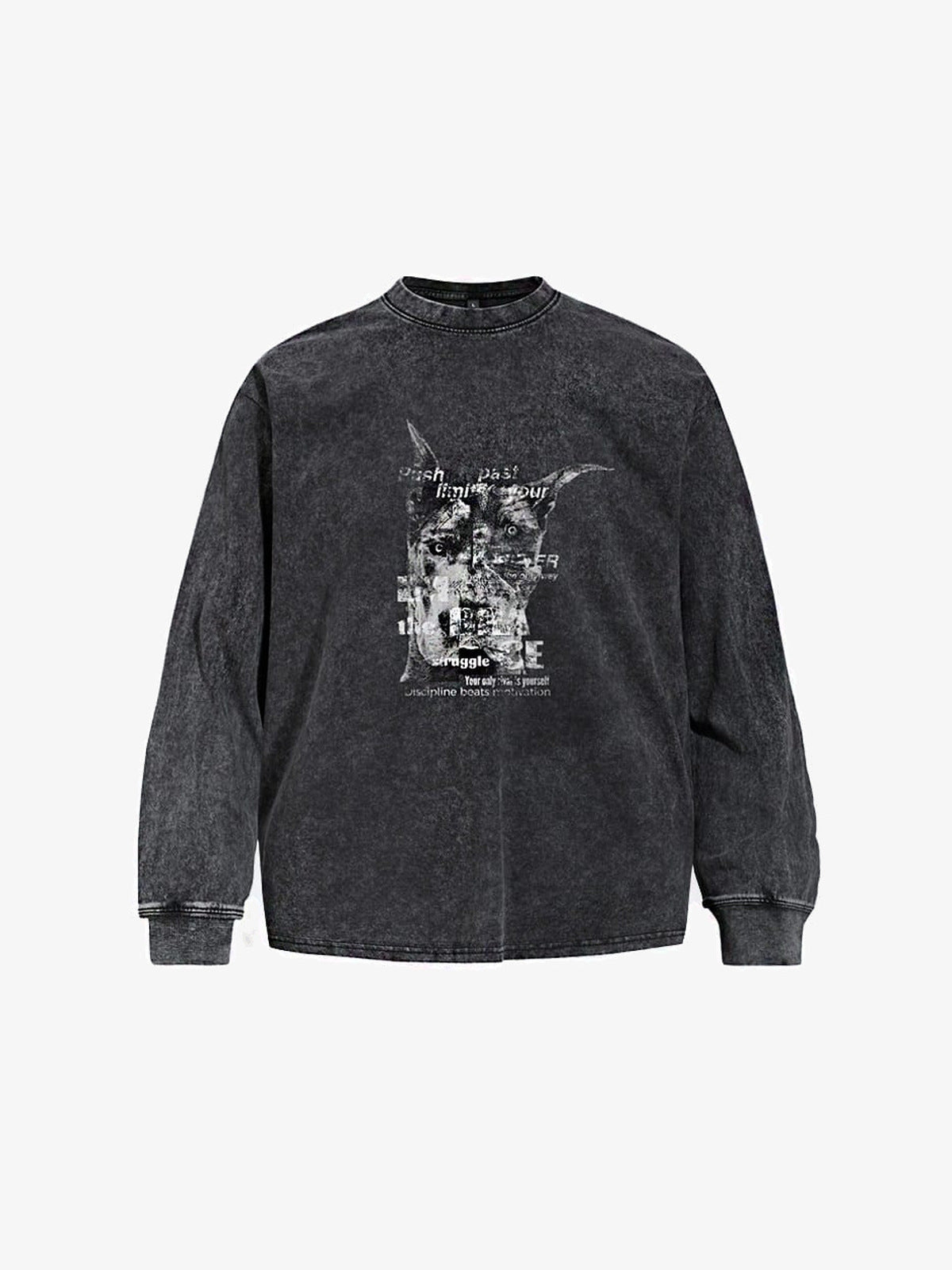 Washed Black Doberman Graphic Long Sleeve Tee – Black, front view | XoKool