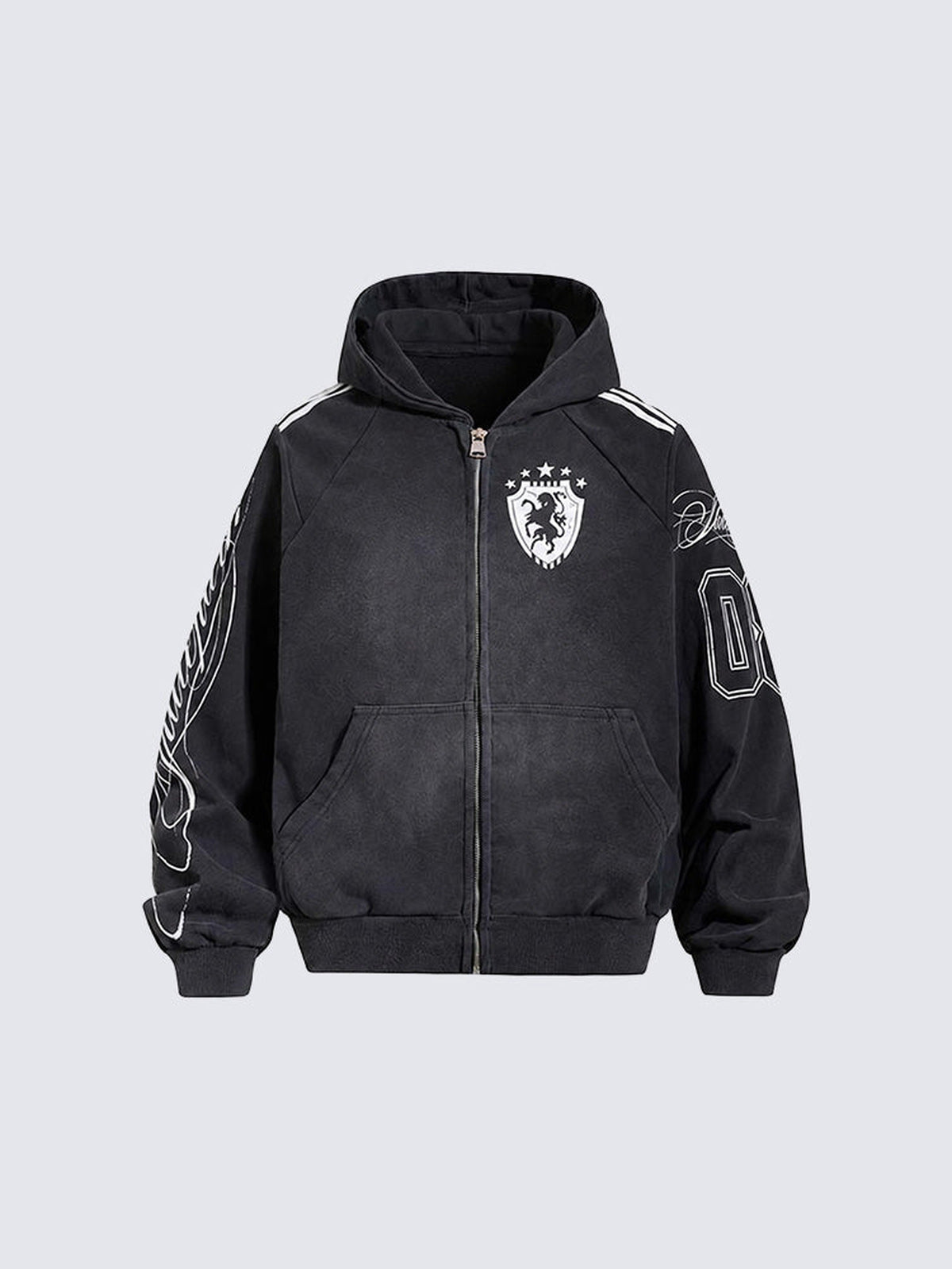 Washed Black Football Jersey Zip Hoodie – Schwarz, Vorderansicht | XoKool