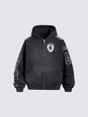 Washed Black Football Jersey Zip Hoodie – Schwarz, Vorderansicht | XoKool