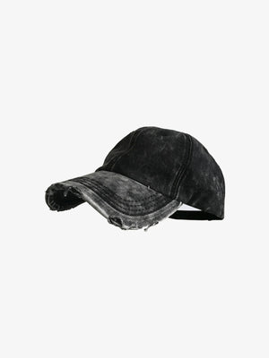 Washed Black Frayed Brim Baseball Cap – Washed black, side-front view | XoKool