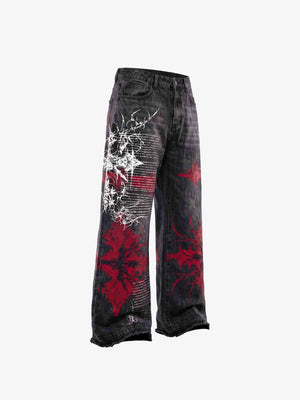 Washed Black Gothic Jeans with Red Star Print – side flat lay | XoKool