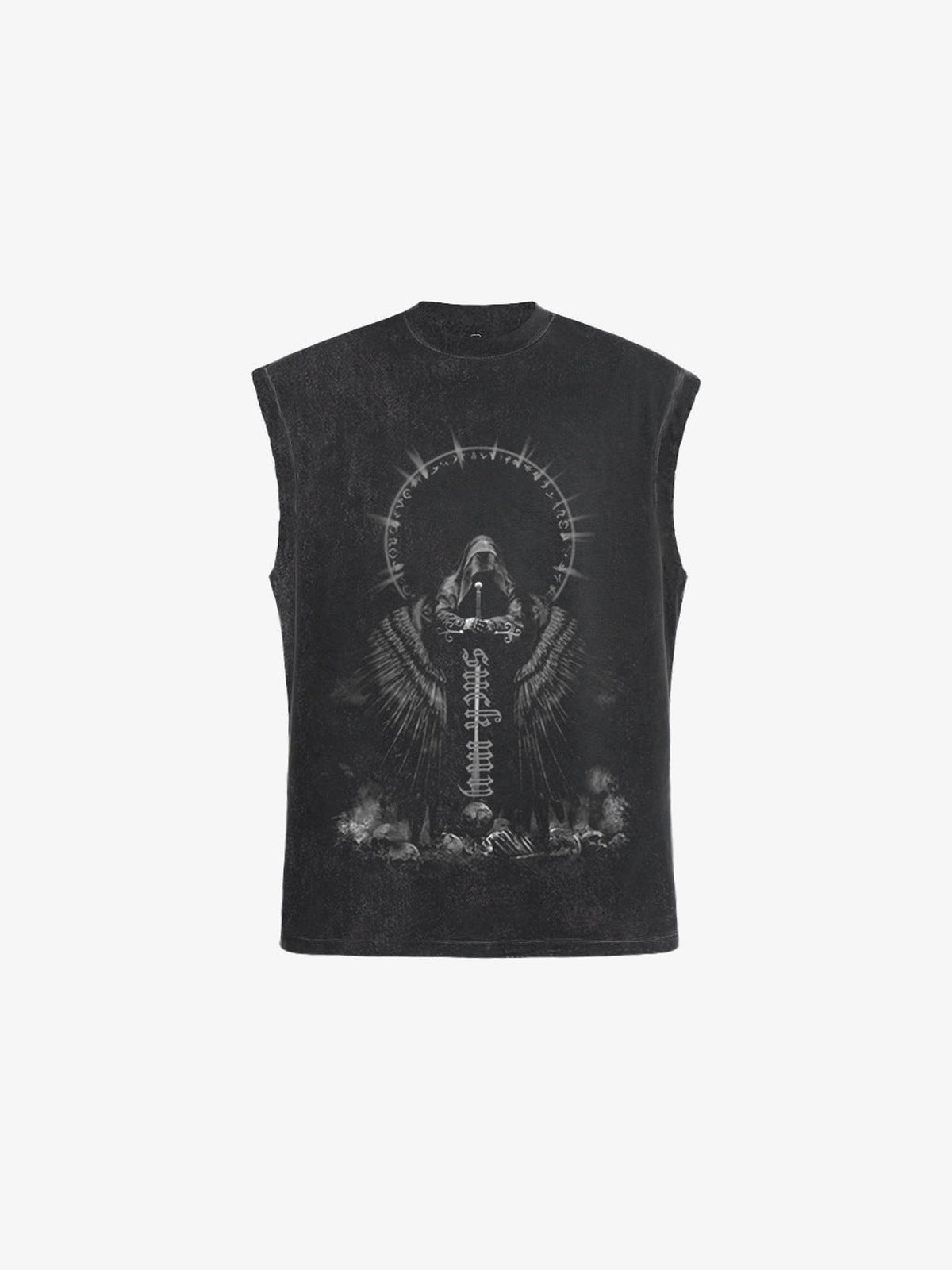 Gothic Tanktop in Washed Black mit Reaper-Print – Washed Black, Vorderseite flach | XoKool