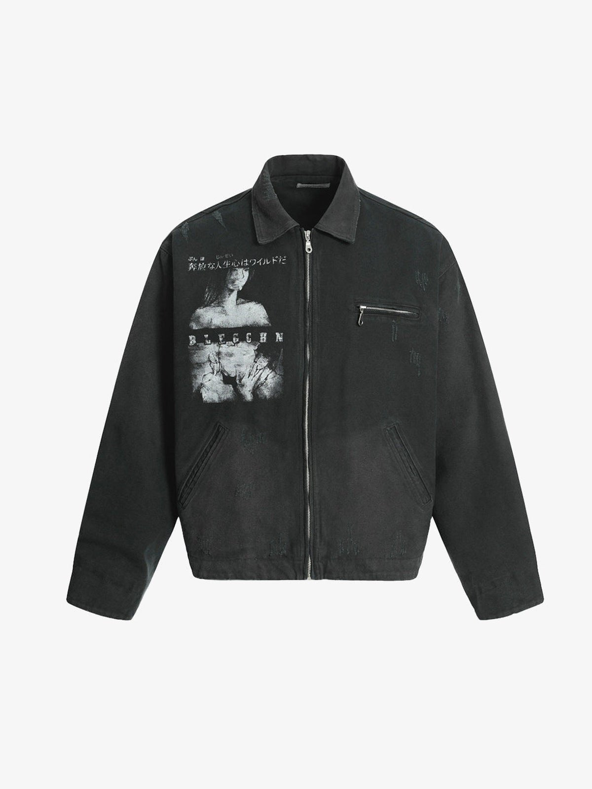 Washed Black Graphic Workwear-Jacke mit grauem Kragen – Schwarz, Vorderseite flach | XoKool