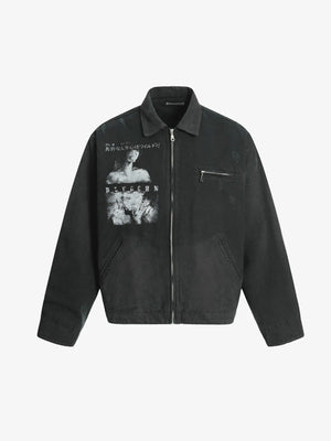 Washed Black Graphic Workwear-Jacke mit grauem Kragen – Schwarz, Vorderseite flach | XoKool