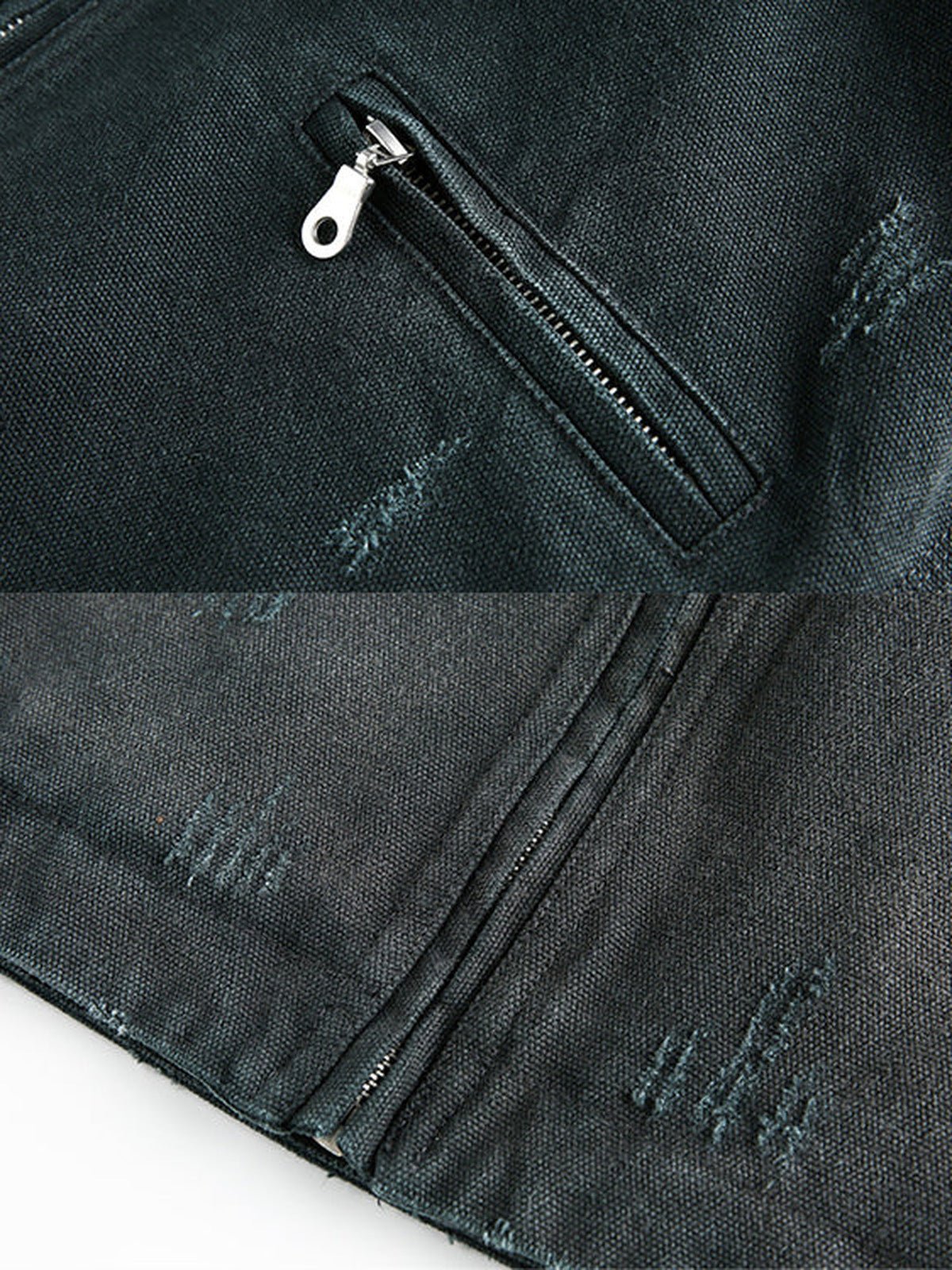 Schwarze Graphic Workwear-Jacke – Nahaufnahme von Reißverschlusstasche und Distressed-Details | XoKool