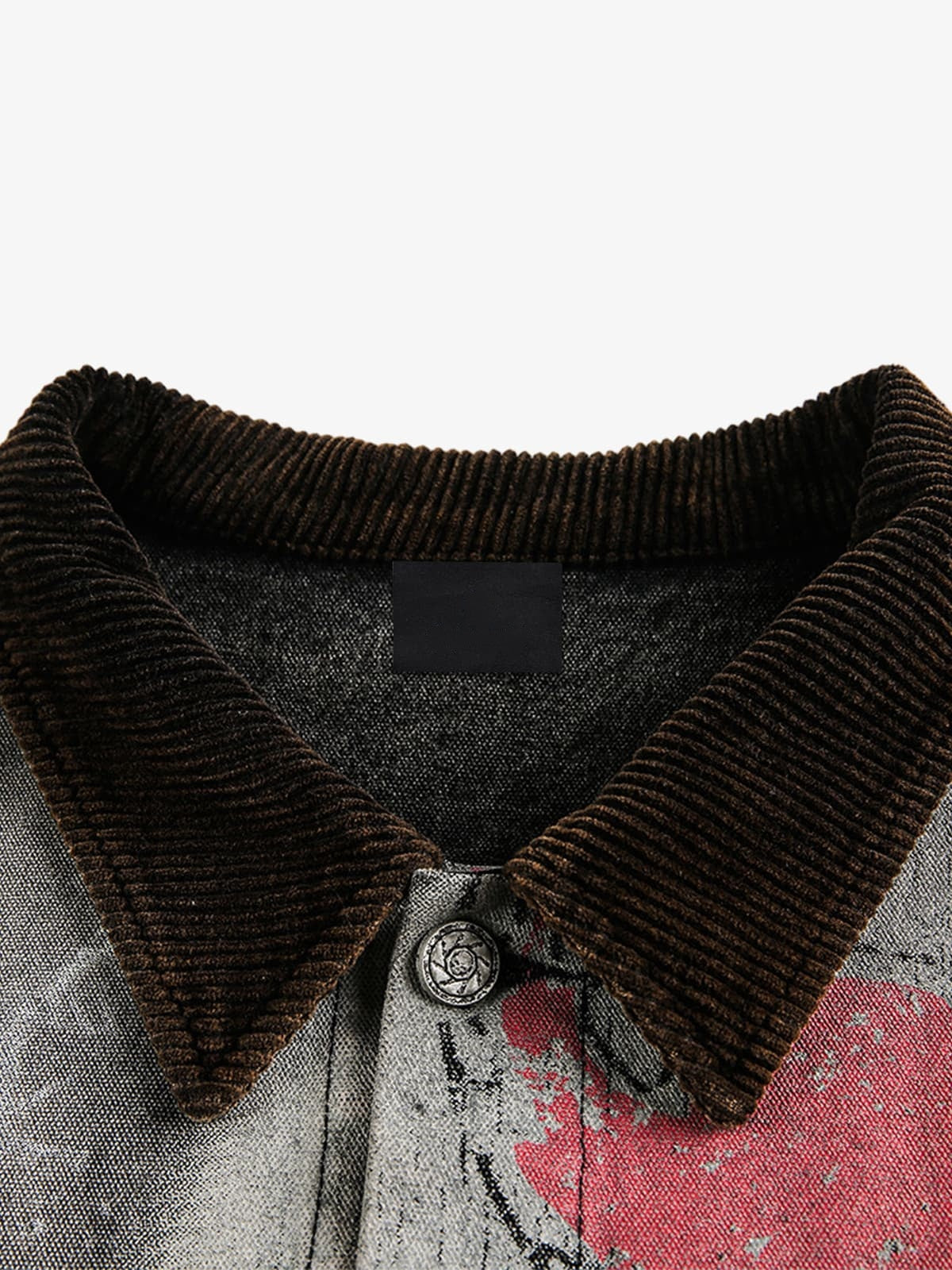 Washed Black Graphic Work Jacket with Corduroy Collar – corduroy collar and neck close-up | XoKool