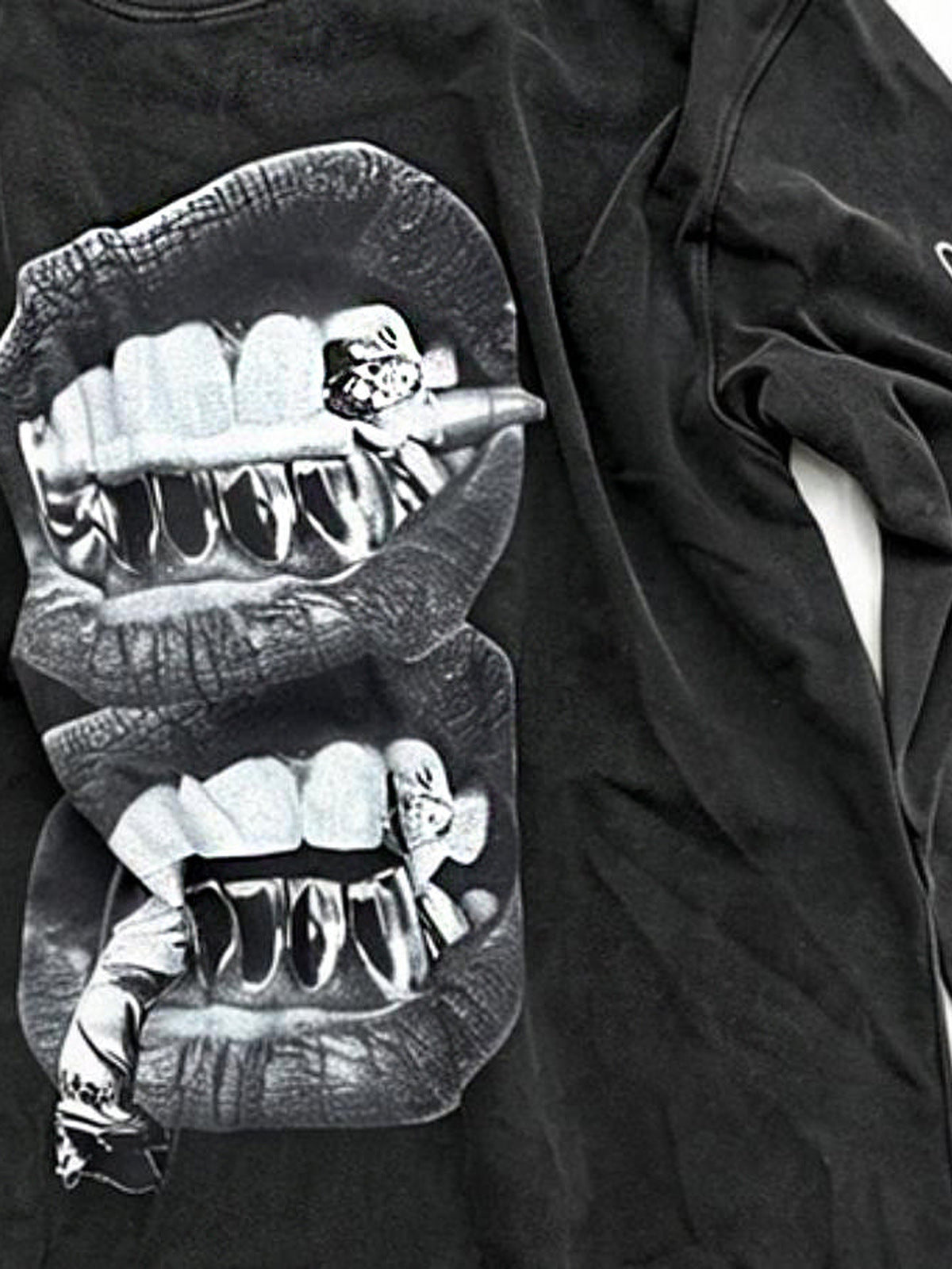 Washed Black Grillz Graphic Long Sleeve Tee – mouth print close-up | XoKool