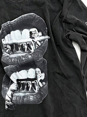 Washed Black Grillz Graphic Long Sleeve Tee – mouth print close-up | XoKool