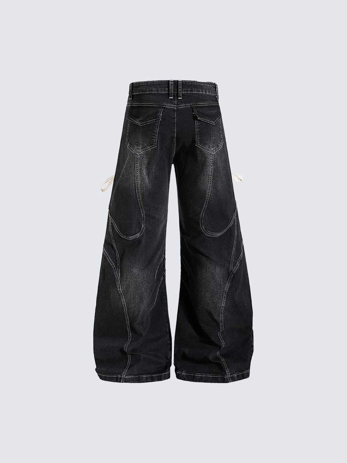 Jeans de pierna ancha negros con efecto lavado y cordones – espalda, plano | XoKool