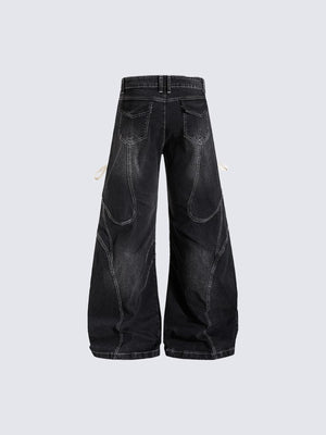 Jeans de pierna ancha negros con efecto lavado y cordones – espalda, plano | XoKool