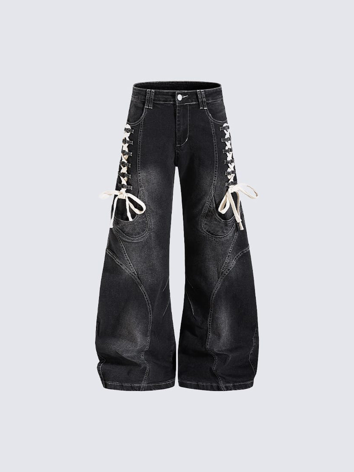 Jeans de pierna ancha negros con efecto lavado y cordones – frente, plano | XoKool