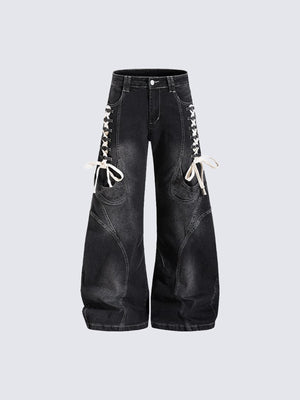 Jeans de pierna ancha negros con efecto lavado y cordones – frente, plano | XoKool