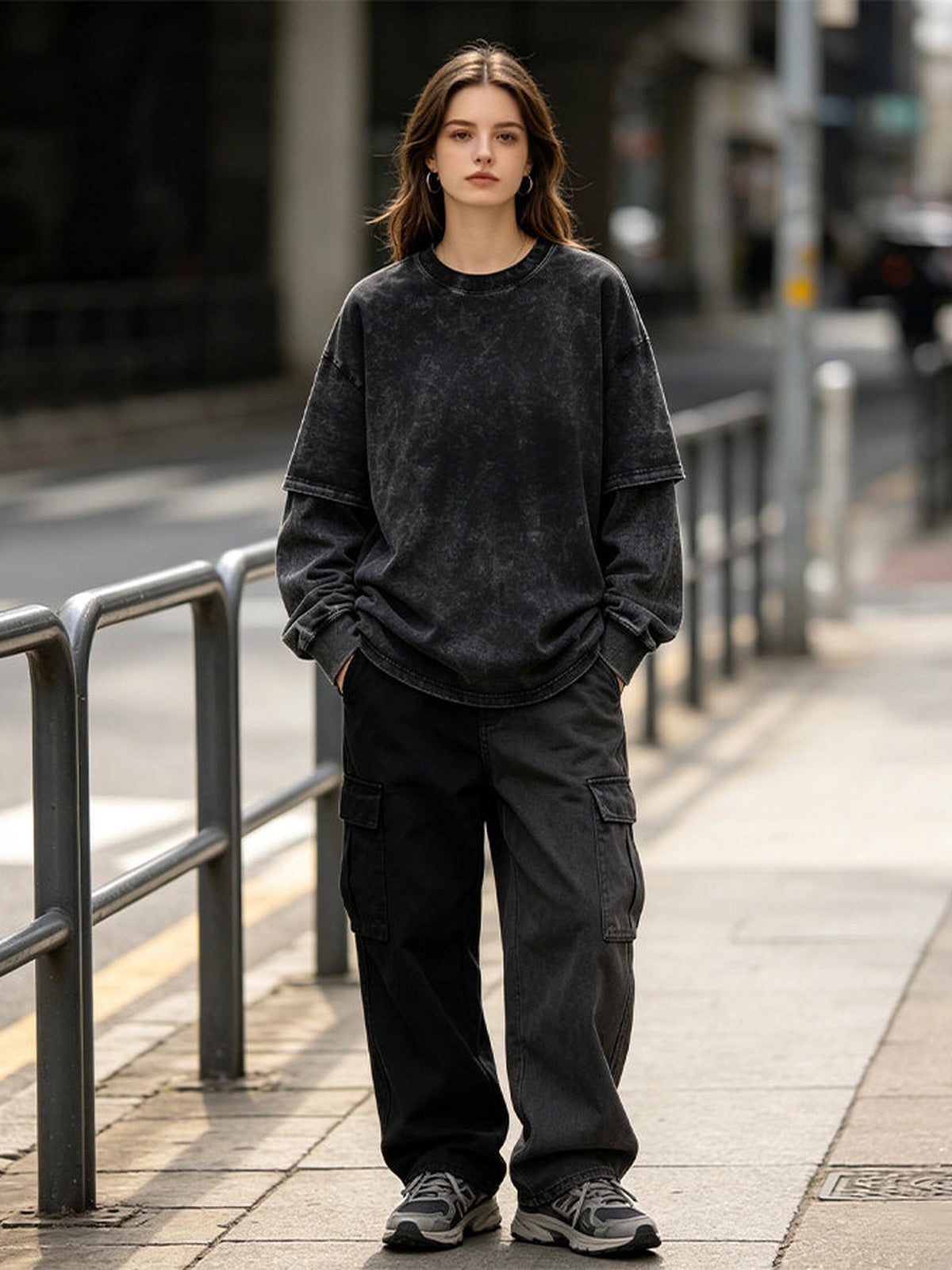Washed layered long sleeve – on model, women, street | XoKool